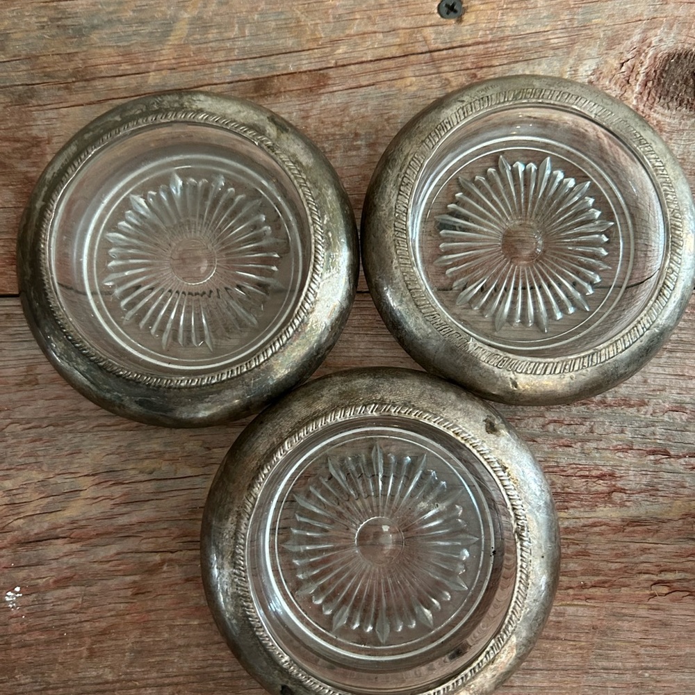 Vintage Coasters Leonard Italian Rim Cut Star Crystal Glass & Silver Coasters  3